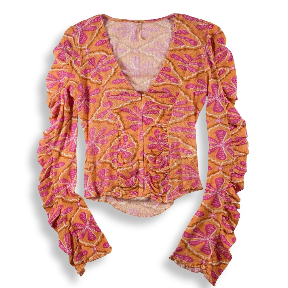 Free PeopleThrough the Meadow Orange Pink Floral Ruched Long Sleeve Top Small‎